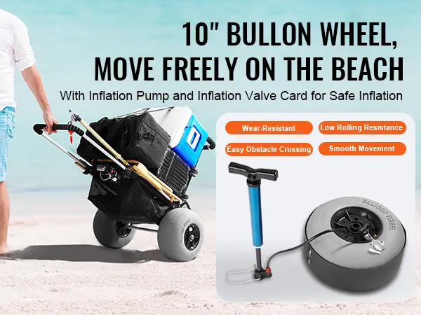 VEVOR Beach Dolly with Big Wheels for Sand, 29.9" x 15.4" Cargo Deck, w/ 12" Balloon Wheels, 165LBS Loading Capacity Folding Sand Cart & 27" to 44.7" Adjustable Height, Heavy Duty Cart for Beach
