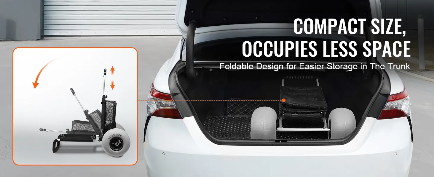 VEVOR beach dolly with foldable design for trunk storage, emphasizing compact size and easy portability.