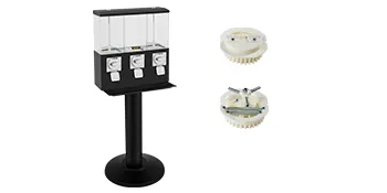 Máquina expendedora de chicles VEVOR con mecanismos de monedas duales sobre un soporte negro.