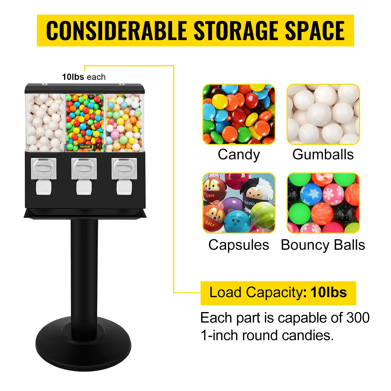 Máquina expendedora de chicles VEVOR con capacidad de 10 lb para dulces, pelotas saltarinas y cápsulas.