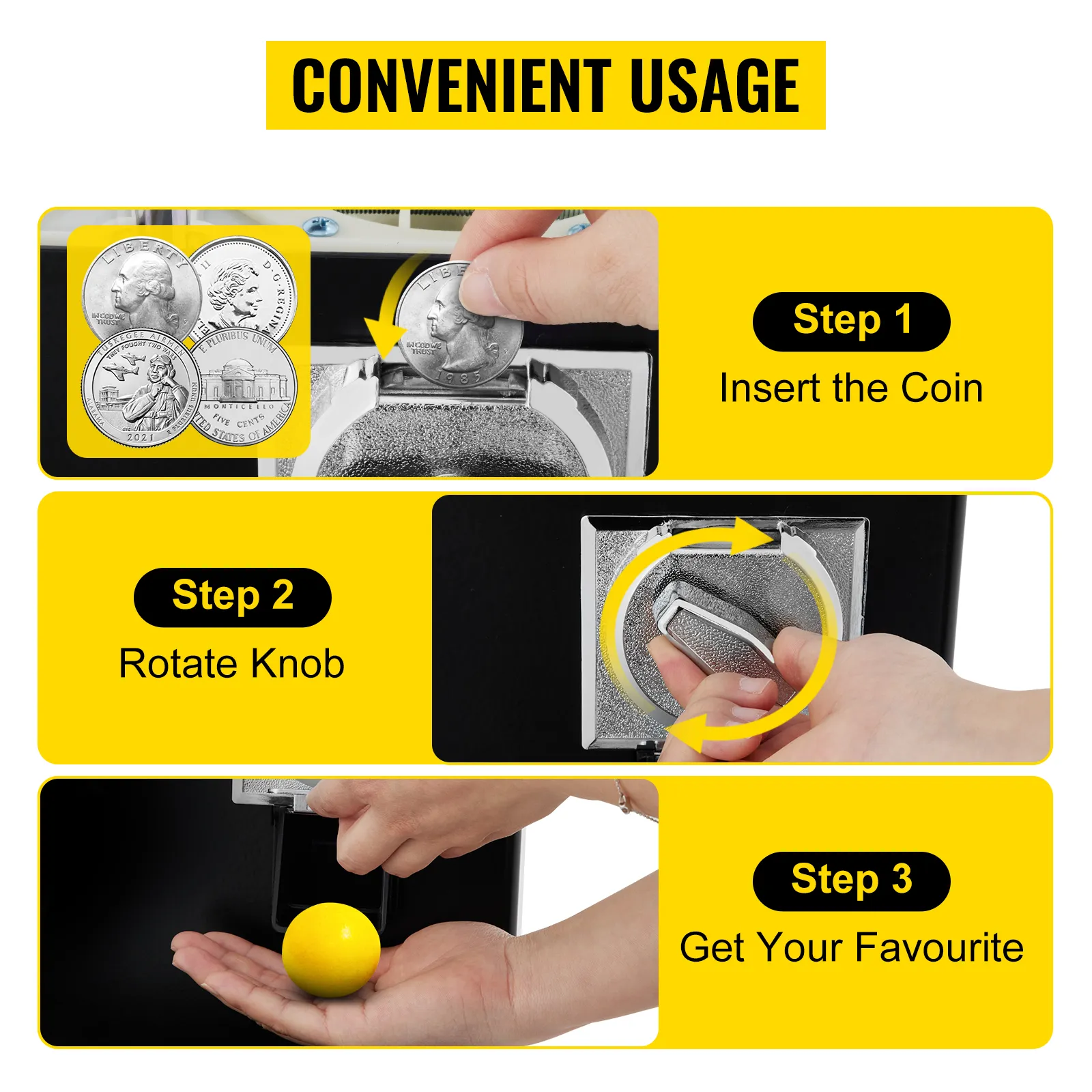 Instrucciones de la máquina expendedora de chicles VEVOR: inserte la moneda, gire la perilla y obtenga su favorito.