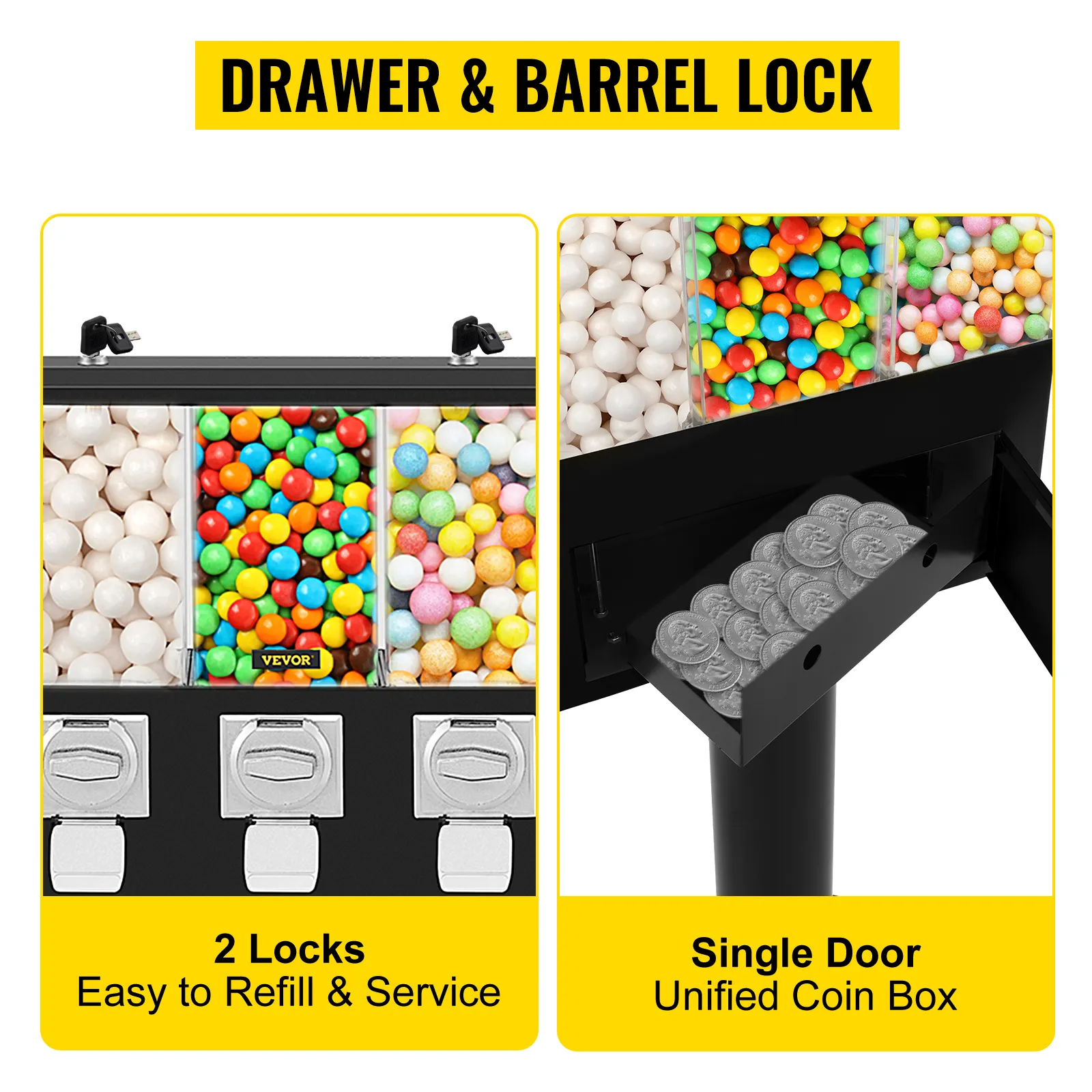 Máquina expendedora de chicles VEVOR con cerraduras para cajones y barriles, que muestra una caja para monedas.