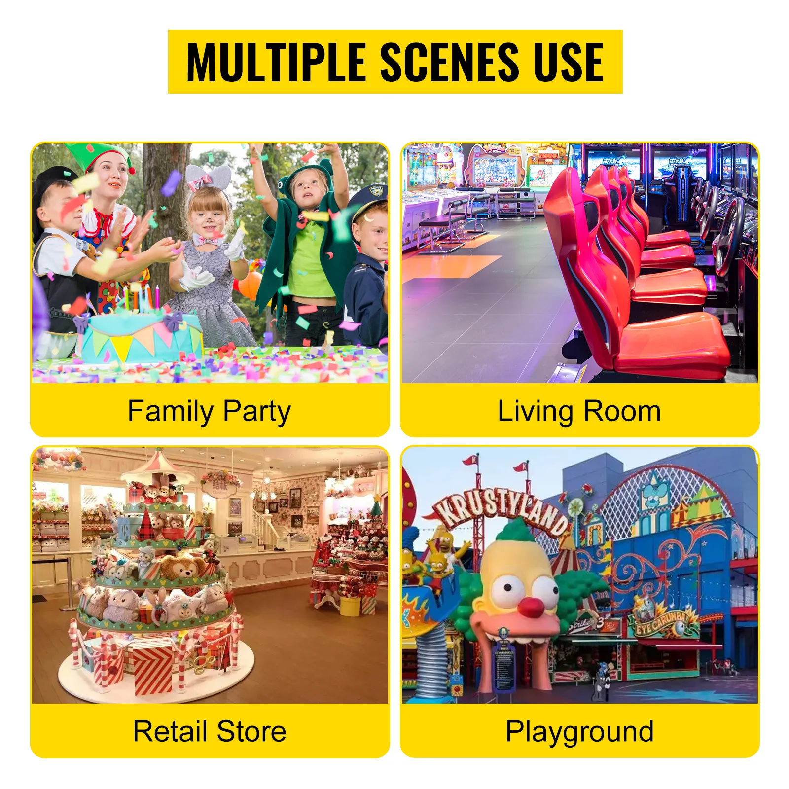 Múltiples escenas para usar la máquina expendedora de chicles VEVOR: fiesta familiar, sala de estar, tienda minorista, patio de juegos.