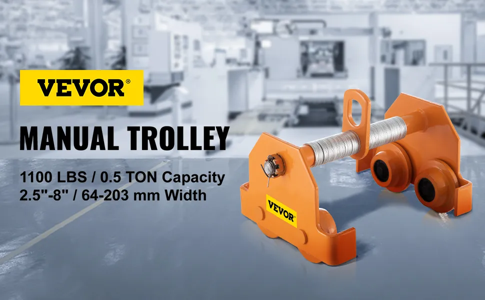 VEVOR manual trolley with 1100 lbs capacity, 2.5"-8" adjustable width, in a warehouse