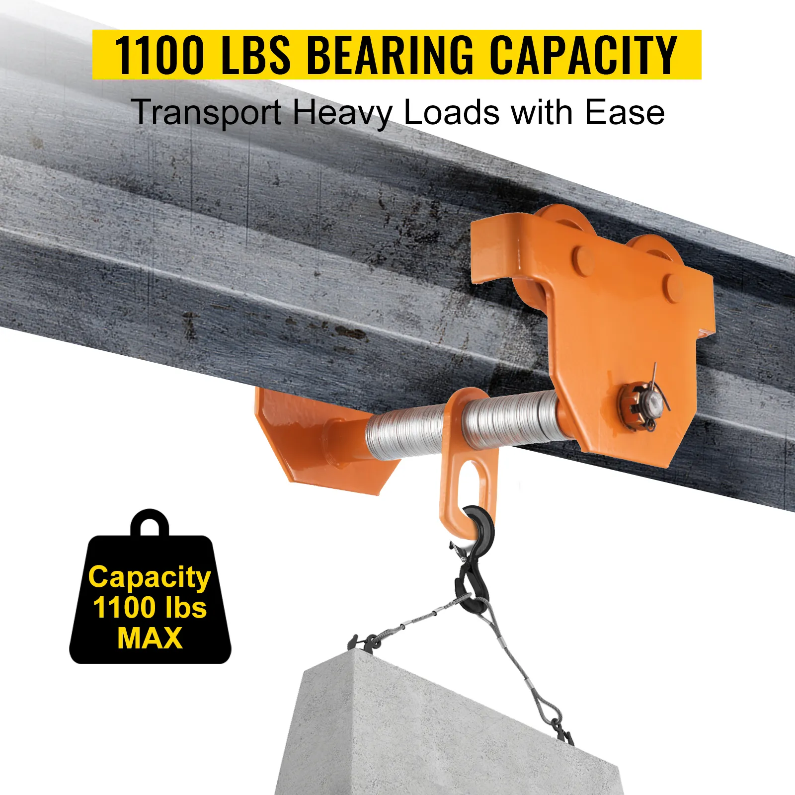 VEVOR manual trolley lifting 1100 lbs load with ease on a steel beam.