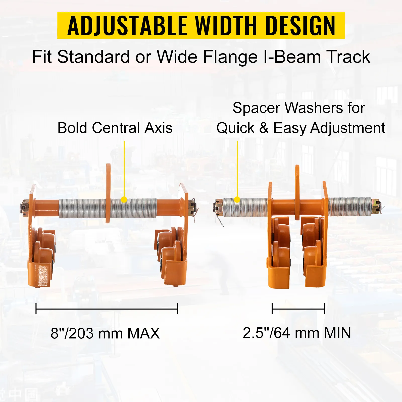 VEVOR manual trolley with bold central axis and adjustable spacer washers.