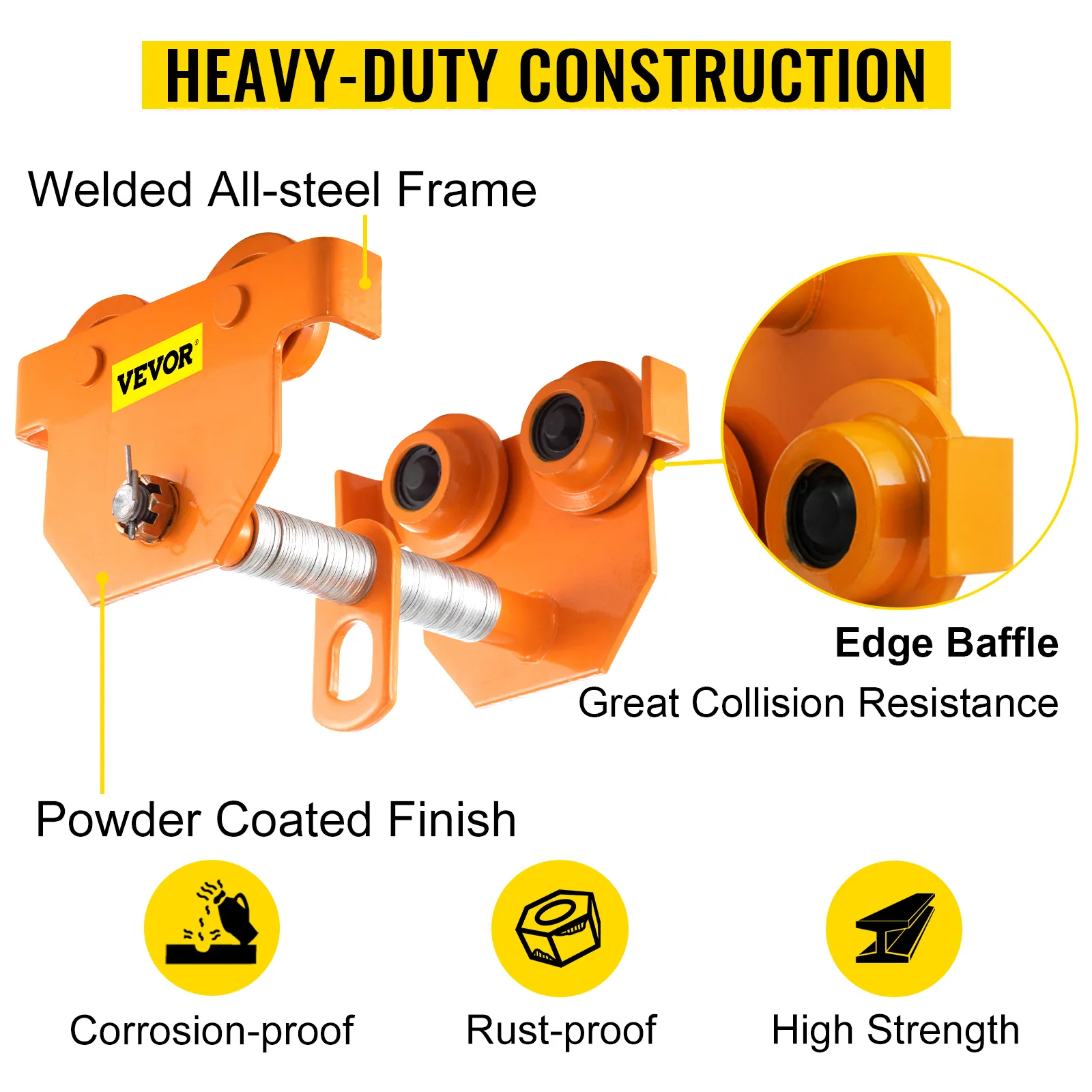VEVOR manual trolley with welded all-steel frame, powder finish, and edge baffle for strength.