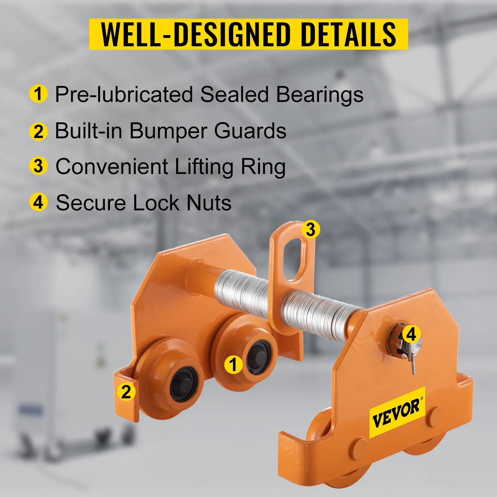 VEVOR manual trolley with sealed bearings, bumper guards, lifting ring, and lock nuts.