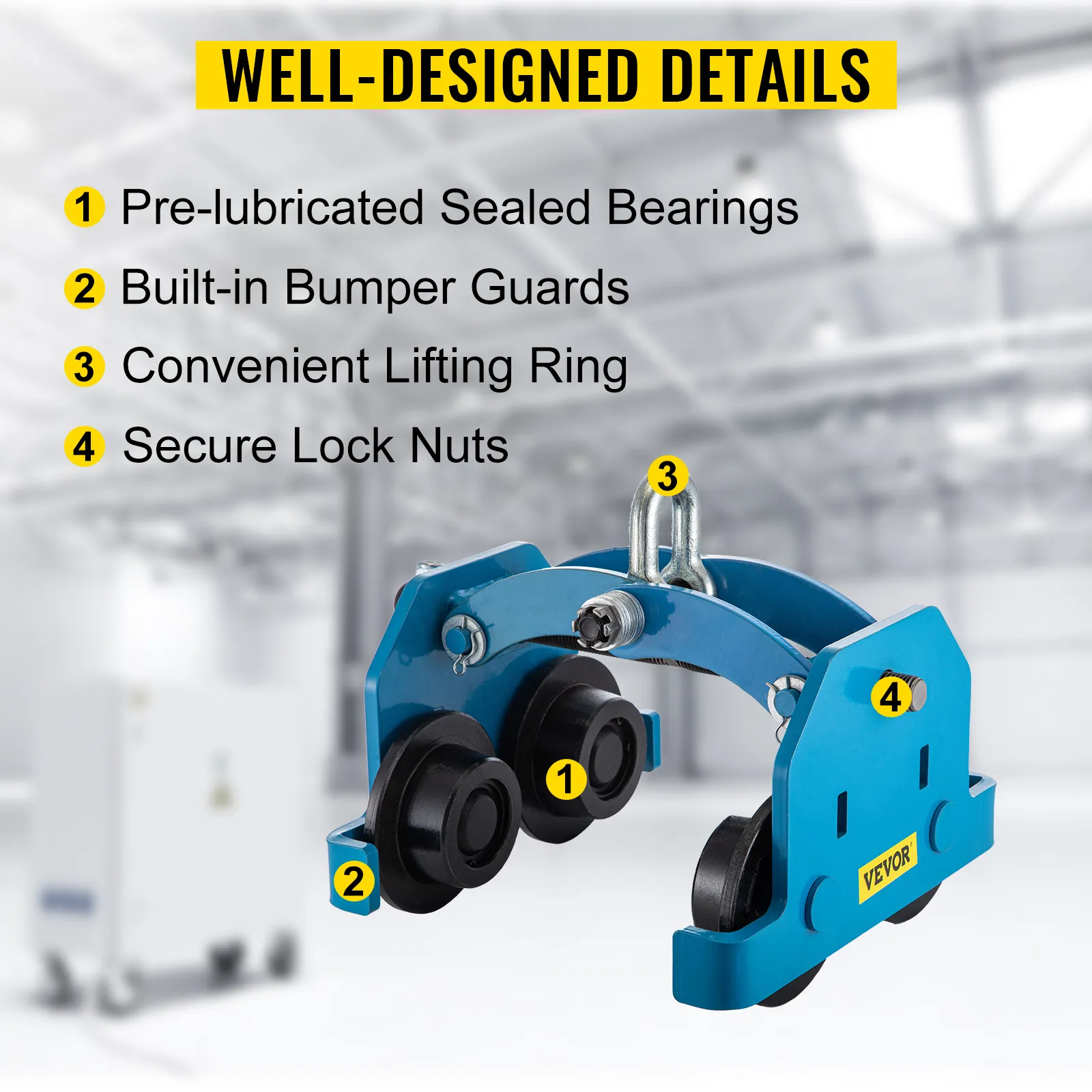 Carro manual VEVOR con cojinetes prelubricados y protectores de parachoques incorporados.