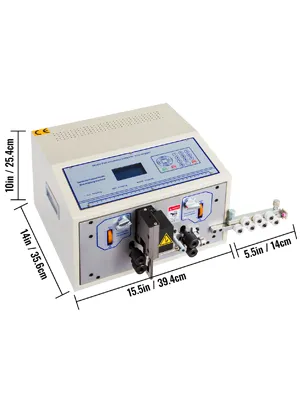 Máquina peladora de cables VEVOR con dimensiones: 10 pulgadas/25,4 cm de alto, 15,5 pulgadas/39,4 cm de ancho.