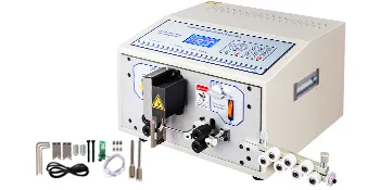 Máquina peladora de cables VEVOR con panel de control y accesorios incluidos.