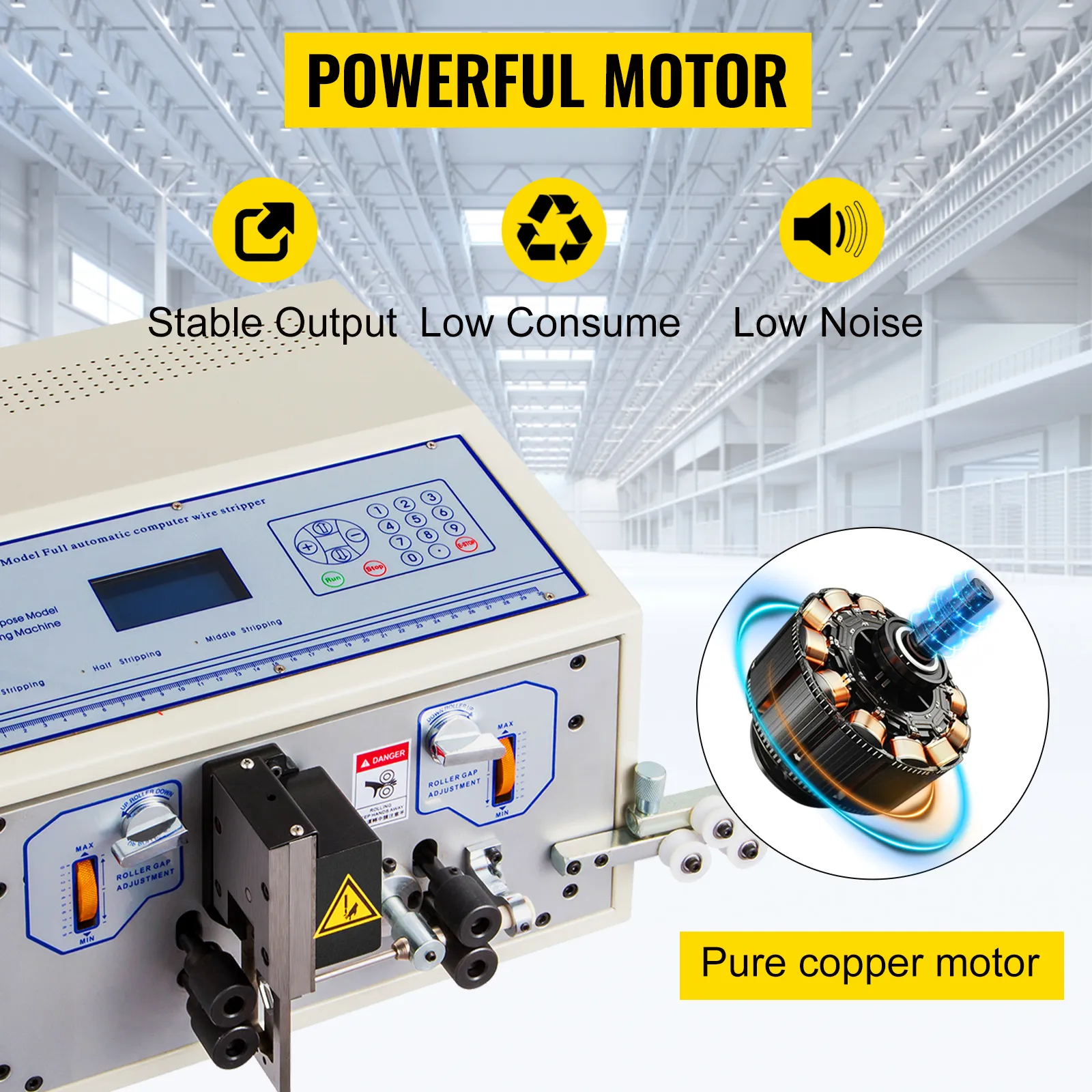 Máquina peladora de cables VEVOR con potente motor de cobre puro en un gran entorno industrial.