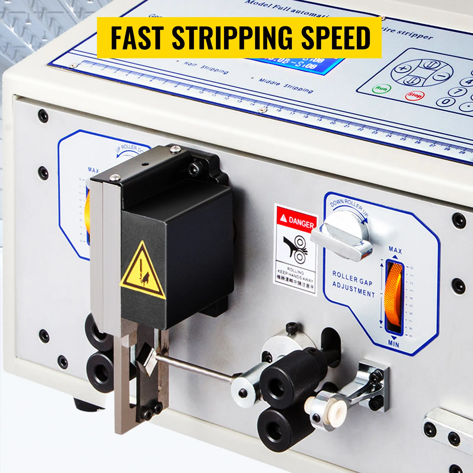 Máquina peladora de cables VEVOR con rápida velocidad de pelado y ajuste del espacio entre rodillos.