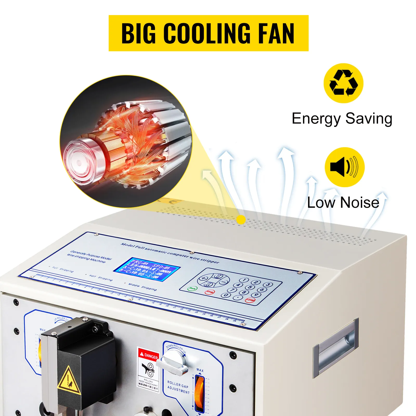 Máquina peladora de cables VEVOR con gran ventilador de refrigeración, ahorro de energía y características de bajo nivel de ruido.