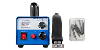 Ranuradora de neumáticos VEVOR con unidad de control azul, herramienta de ranurado y cuchillas adicionales.