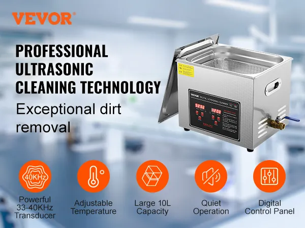 Limpiador ultrasónico VEVOR con capacidad de 10l, transductor de 33-40khz, temperatura ajustable y panel digital.