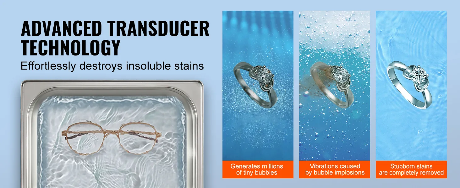 El limpiador ultrasónico VEVOR utiliza tecnología de transductor avanzada para eliminar manchas insolubles de gafas y anillos.