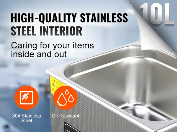 Limpiador ultrasónico VEVOR con tanque de acero inoxidable de 10l, resistente al aceite, para una limpieza de alta calidad.