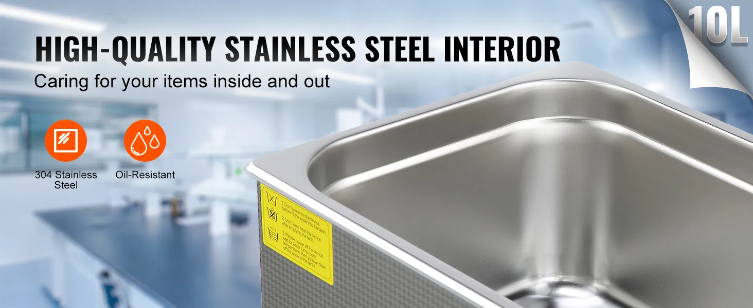 Limpiador ultrasónico VEVOR con tanque de acero inoxidable de 10l, resistente al aceite, para una limpieza de alta calidad.