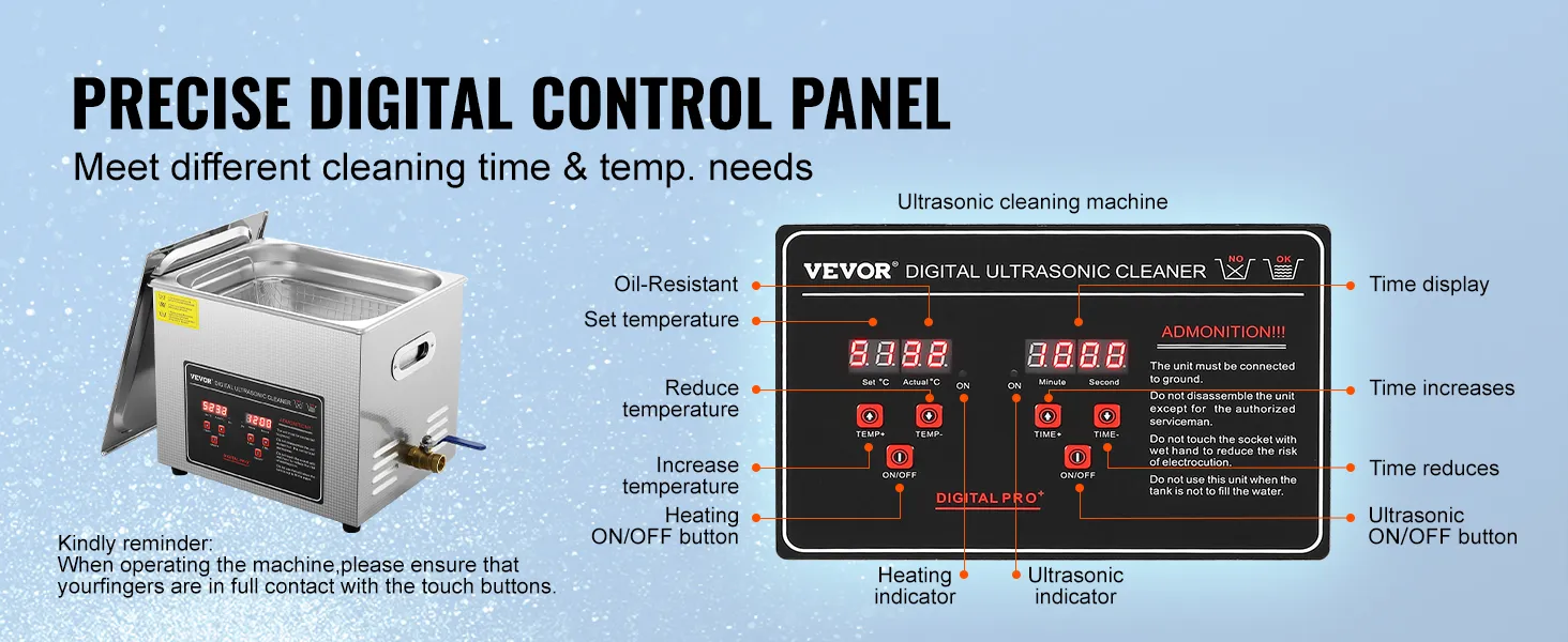 Limpiador ultrasónico VEVOR con panel de control digital preciso para tiempo y temperatura de limpieza ajustables.