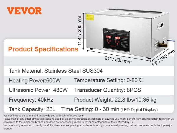 VEVOR Ultraschallreiniger mit Edelstahltank, 22 l Fassungsvermögen, 650 W Heizleistung und LED-Anzeige.