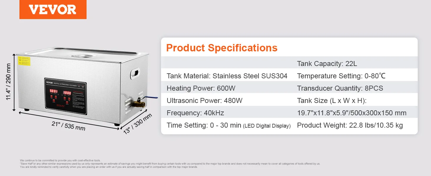 VEVOR Ultraschallreiniger mit Edelstahltank, 22 l Fassungsvermögen, 650 W Heizleistung und LED-Anzeige.