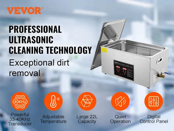 VEVOR Ultraschallreiniger mit digitaler Steuerung, großem Fassungsvermögen von 22 l, einstellbarer Temperatur und leisem Betrieb.