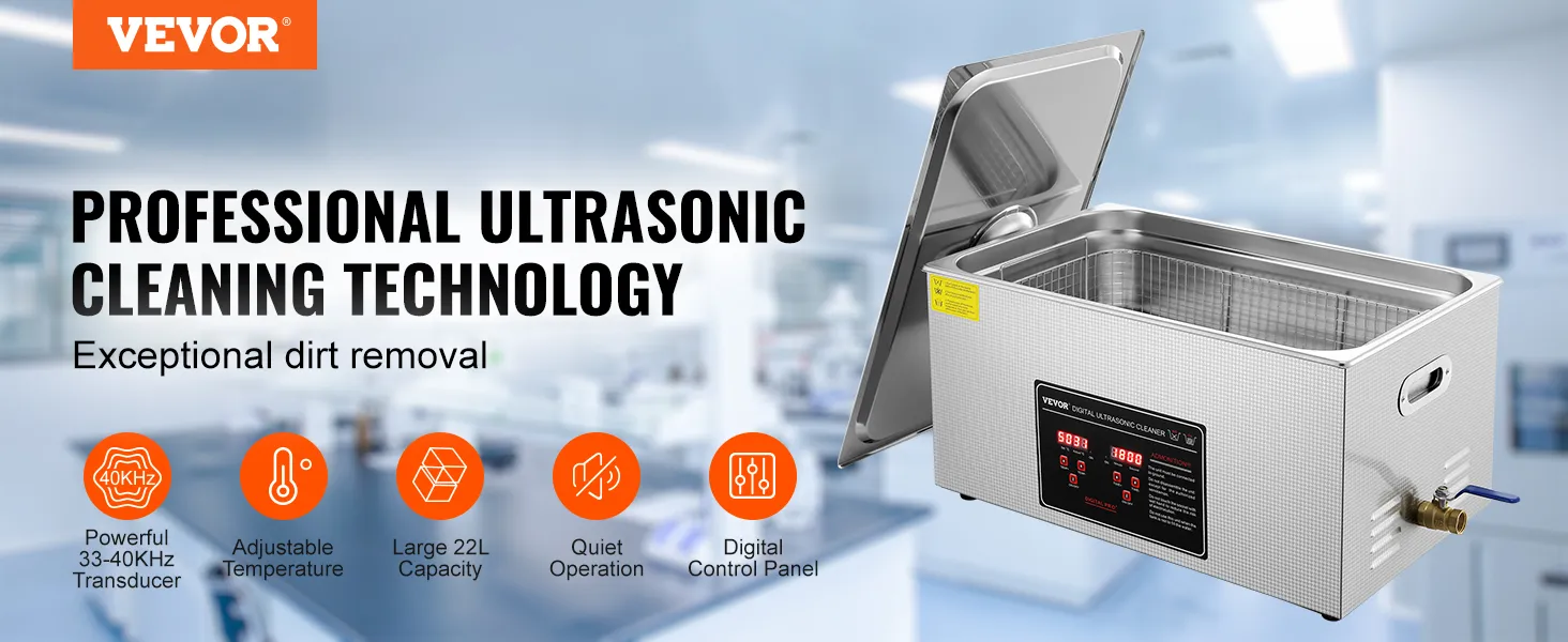 VEVOR Ultraschallreiniger mit digitaler Steuerung, großem Fassungsvermögen von 22 l, einstellbarer Temperatur und leisem Betrieb.