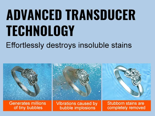 Die fortschrittliche Wandlertechnologie des Ultraschallreinigers von VEVOR entfernt hartnäckige Flecken von Schmuck und Gläsern.