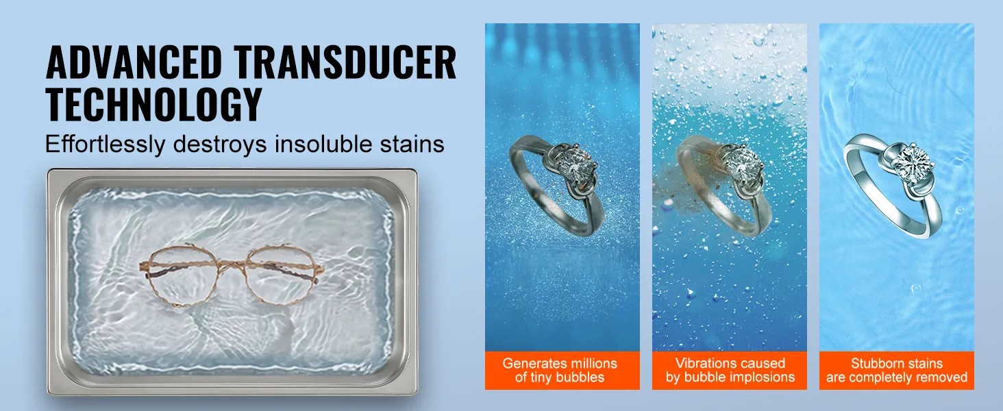 Die fortschrittliche Wandlertechnologie des Ultraschallreinigers von VEVOR entfernt hartnäckige Flecken von Schmuck und Gläsern.