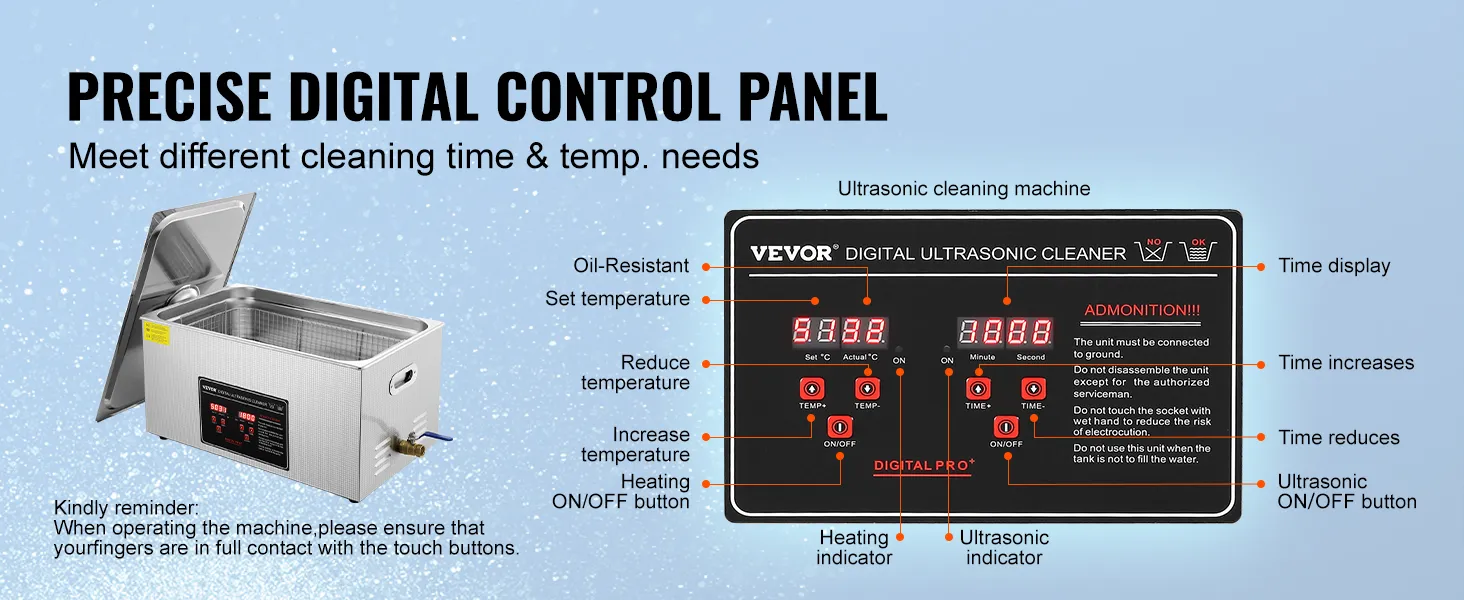 VEVOR Ultraschallreiniger mit präzisem digitalem Bedienfeld für unterschiedliche Reinigungszeiten und Temperaturen.