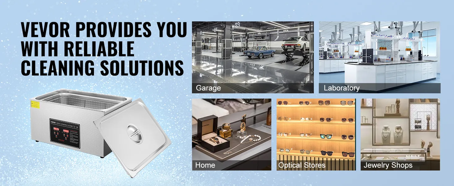 VEVOR Ultraschallreiniger mit Anwendungsbildern für Garage, Labor, Haushalt, Optiker und Juweliergeschäfte.