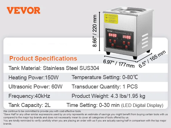 Limpiador ultrasónico VEVOR con tanque de acero inoxidable, pantalla led y capacidad de 2l. dimensiones: 175x165x190 mm.