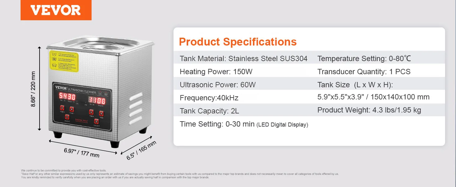 Limpiador ultrasónico VEVOR con tanque de acero inoxidable, pantalla led y capacidad de 2l. dimensiones: 175x165x190 mm.