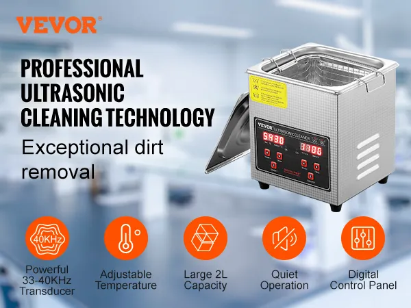 Limpiador ultrasónico VEVOR con temperatura ajustable, control digital y gran capacidad de 2l para la eliminación de suciedad.