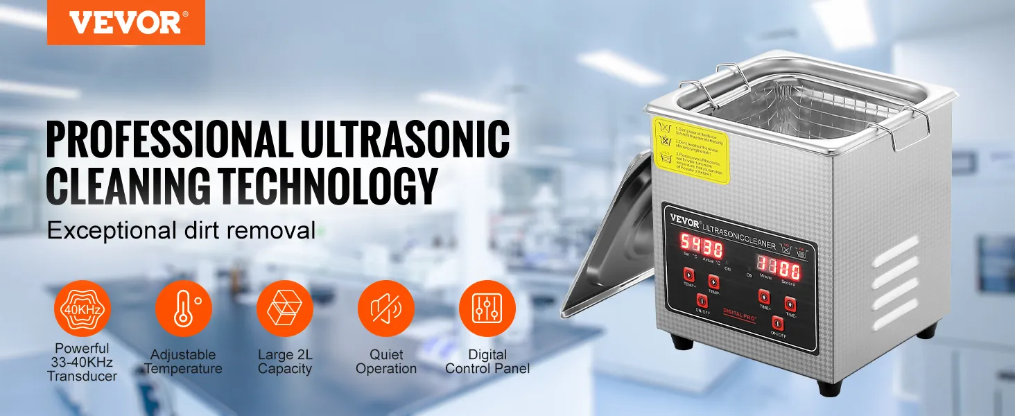 VEVOR ultrasoonreiniger met regelbare temperatuur, digitale regeling en grote capaciteit van 2 liter voor het verwijderen van vuil.