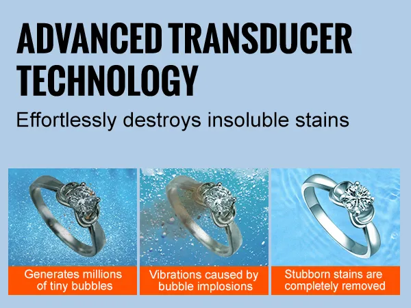Limpiador ultrasónico VEVOR que demuestra implosiones de burbujas para eliminar manchas de vasos y anillos.