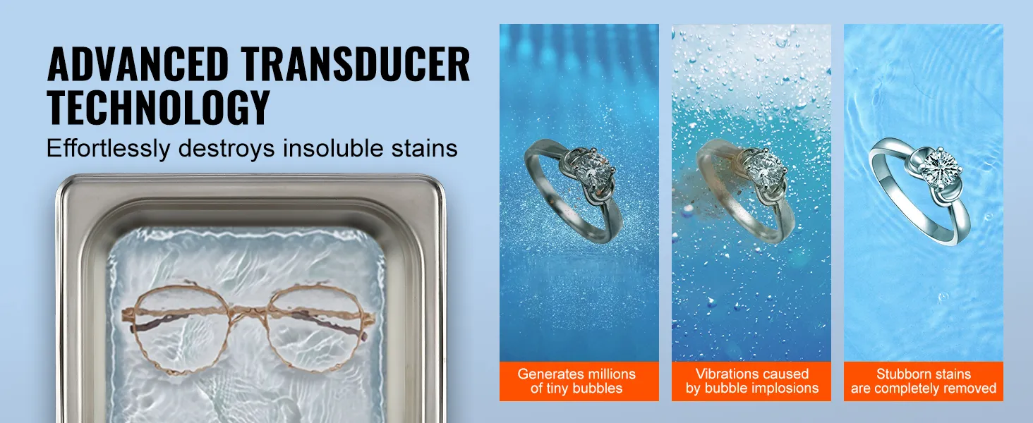 Limpiador ultrasónico VEVOR que demuestra implosiones de burbujas para eliminar manchas de vasos y anillos.