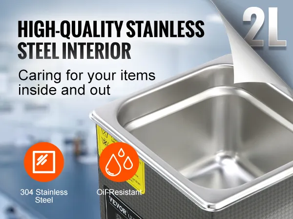 Limpiador ultrasónico VEVOR con interior de acero inoxidable 304, capacidad de 2l, resistente al aceite.