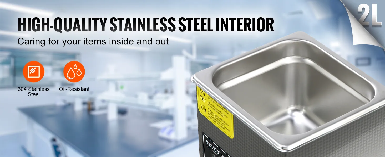 Limpiador ultrasónico VEVOR con interior de acero inoxidable 304, capacidad de 2l, resistente al aceite.