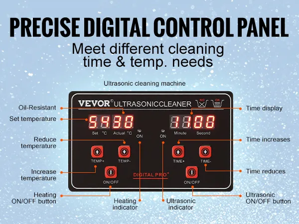Limpiador ultrasónico VEVOR con panel de control digital preciso, que muestra la configuración de tiempo y temperatura.