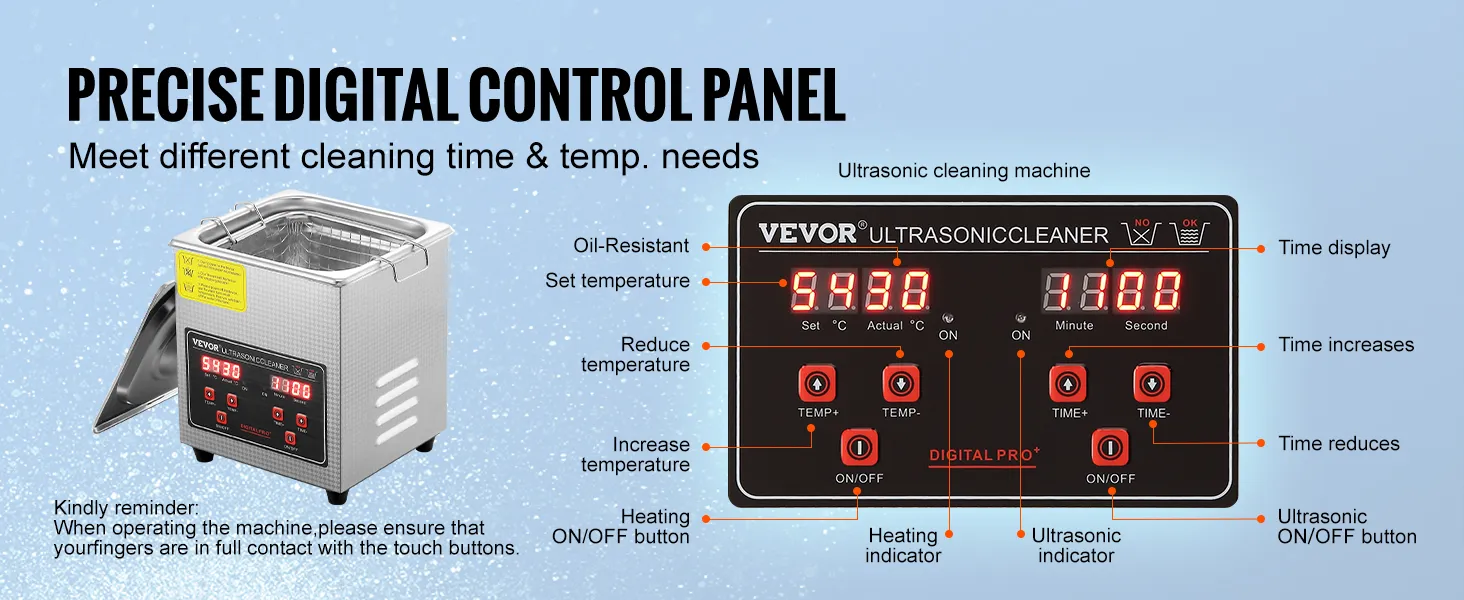 Limpiador ultrasónico VEVOR con panel de control digital preciso, que muestra la configuración de tiempo y temperatura.