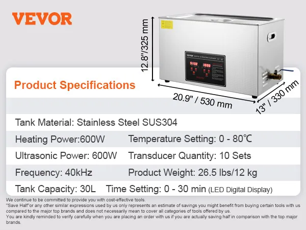VEVOR Ultraschallreiniger mit Edelstahltank, 650 W Heizung, 30 l Fassungsvermögen und digitaler LED-Anzeige.