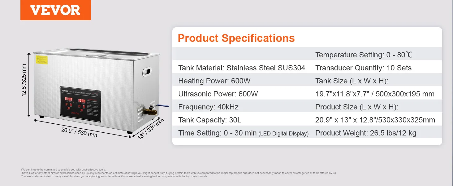 VEVOR Ultraschallreiniger mit Edelstahltank, 650 W Heizung, 30 l Fassungsvermögen und digitaler LED-Anzeige.