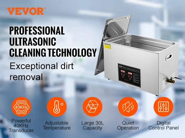 VEVOR Ultraschallreiniger mit 40-kHz-Wandler, einstellbarer Temperatur, 30 l Fassungsvermögen und digitalem Bedienfeld.