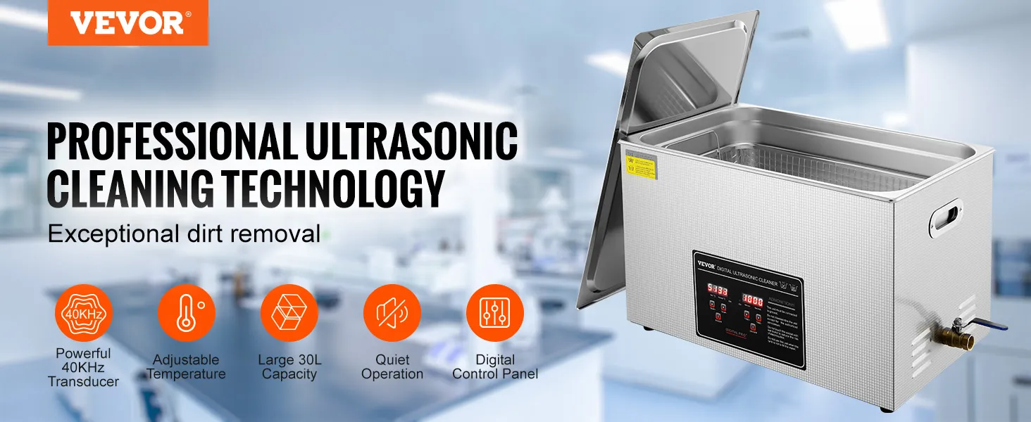 Pulitore ad ultrasuoni VEVOR con trasduttore da 40 kHz, temperatura regolabile, capacità 30 l e pannello di controllo digitale.