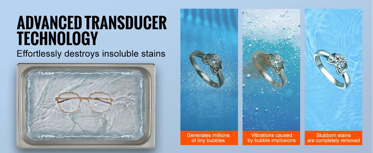 Der Ultraschallreiniger von VEVOR mit Wandlertechnologie reinigt Gläser und Schmuck durch Blasenimplosionen.