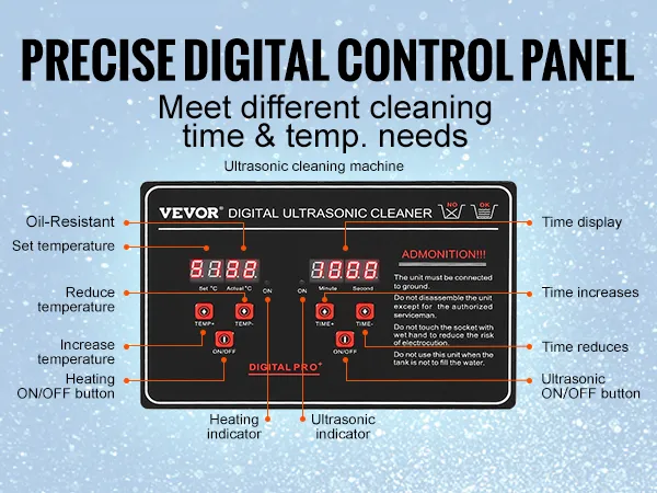 VEVOR Ultraschallreiniger mit präzisem digitalem Bedienfeld, einstellbaren Zeit- und Temperatureinstellungen.