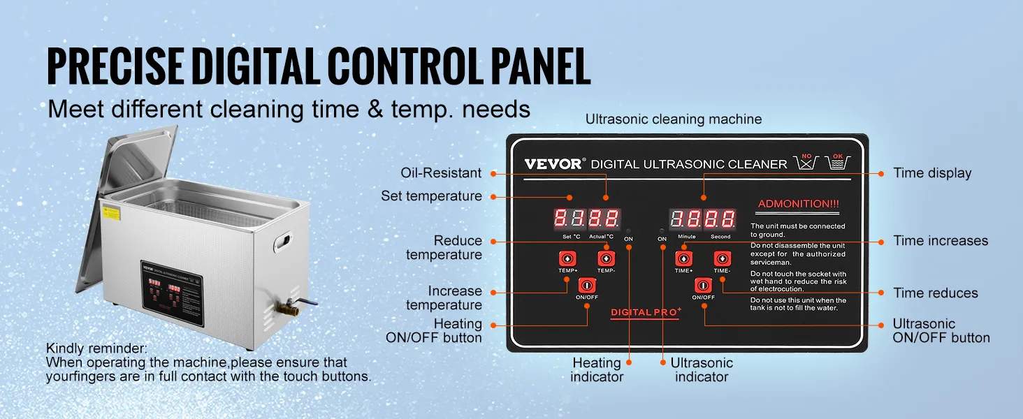VEVOR Ultraschallreiniger mit präzisem digitalem Bedienfeld, einstellbaren Zeit- und Temperatureinstellungen.