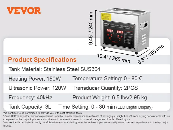 Limpiador ultrasónico VEVOR, acero inoxidable, 3l, calentamiento 170w, potencia ultrasónica 80w, pantalla digital led.